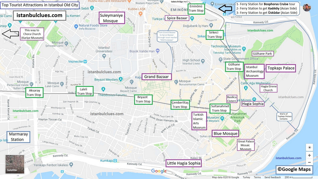 This map shows the major tourist stops on the Tram T1 line in Istanbul, including Sultanahmet, the closest stop to Topkapi Palace.