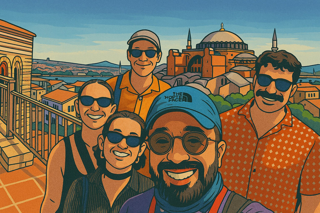 Istanbul's experienced historian tour guide Serhat Engul takes a souvenir photo with his guests while showing them around a Byzantine palace.